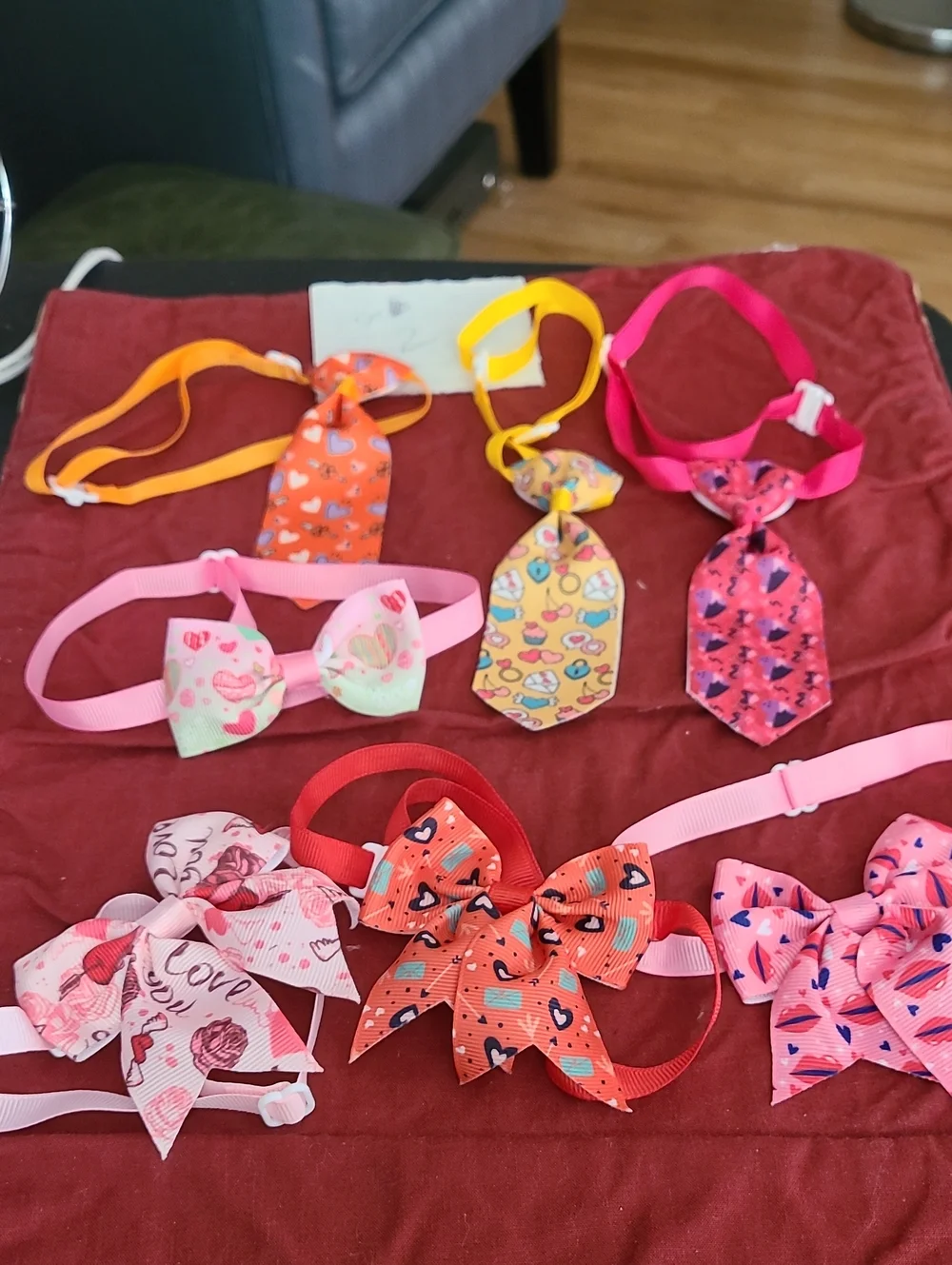 Pet Heart Print Bow & Tie Collar Accessories Set - Pink, Red, Orange